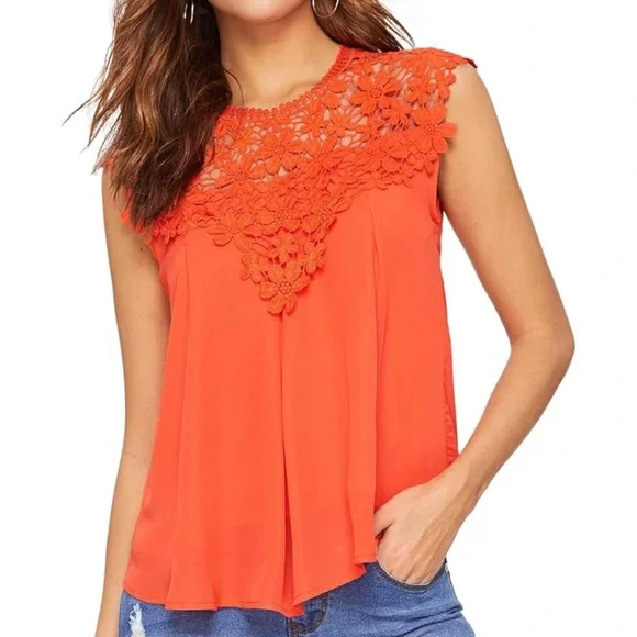 Sz Small Women Orange Lace neck Sleeveless Top - Picture 1 of 4